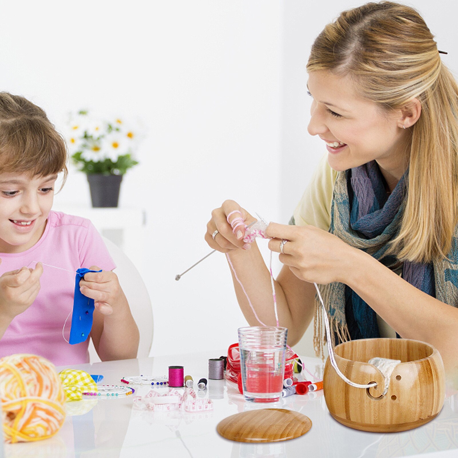 Knitted Wool Storage Basket, Wooden Yarn Bowl with Hole Anti-slip Yarn Holder for Knitting