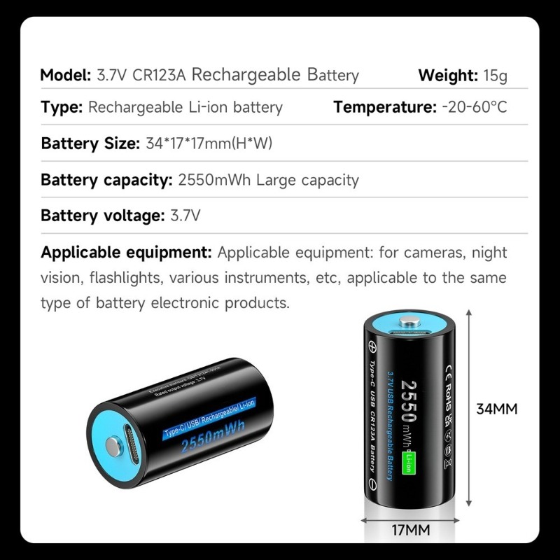 Batteria ricaricabile CR123A CR123 16mmX35mm con ingresso USB per torcia portato RCR123 RCR123A Batteria 3,7 V 2550 mAh