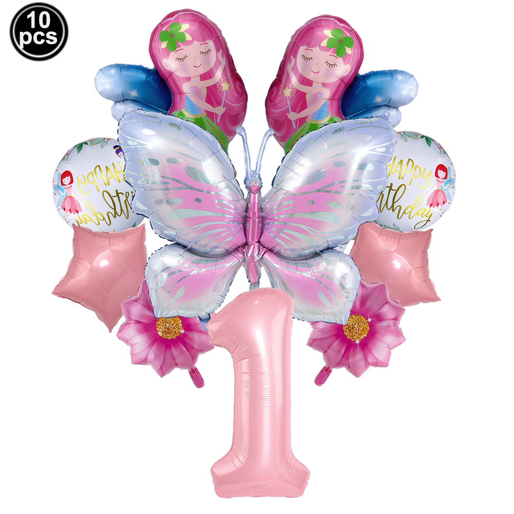 Juego de globos de hadas y flores, globos de mariposa, decoraciones de 1 a 9 cumpleaños para niñas, suministros de decoración para de cumpleaños con tema de mariposa