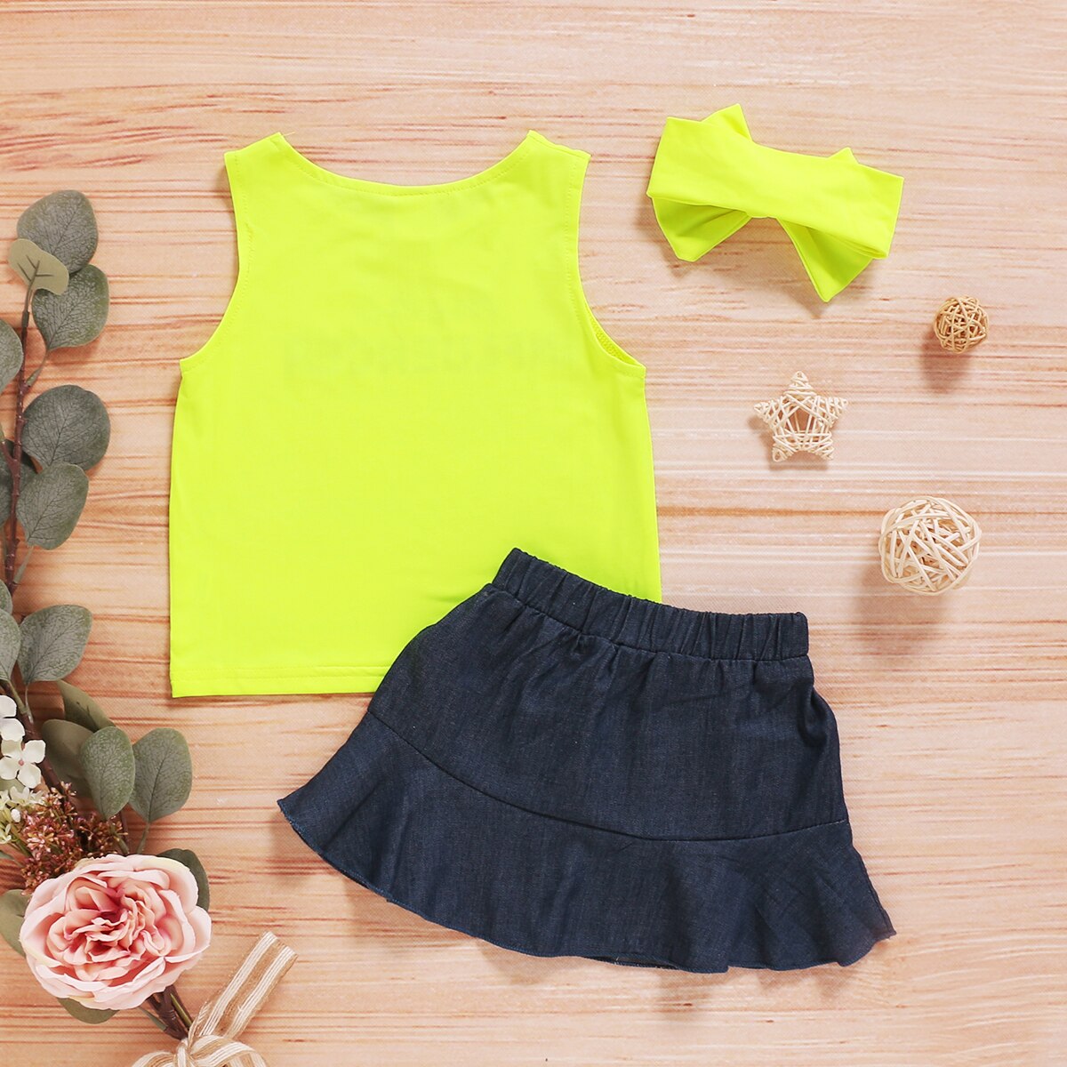 Baby zomerkleding 0-5t baby meisjes kledingsets fluorescerend groen vestje tops denim rok hoofdband 3 stuks outfits