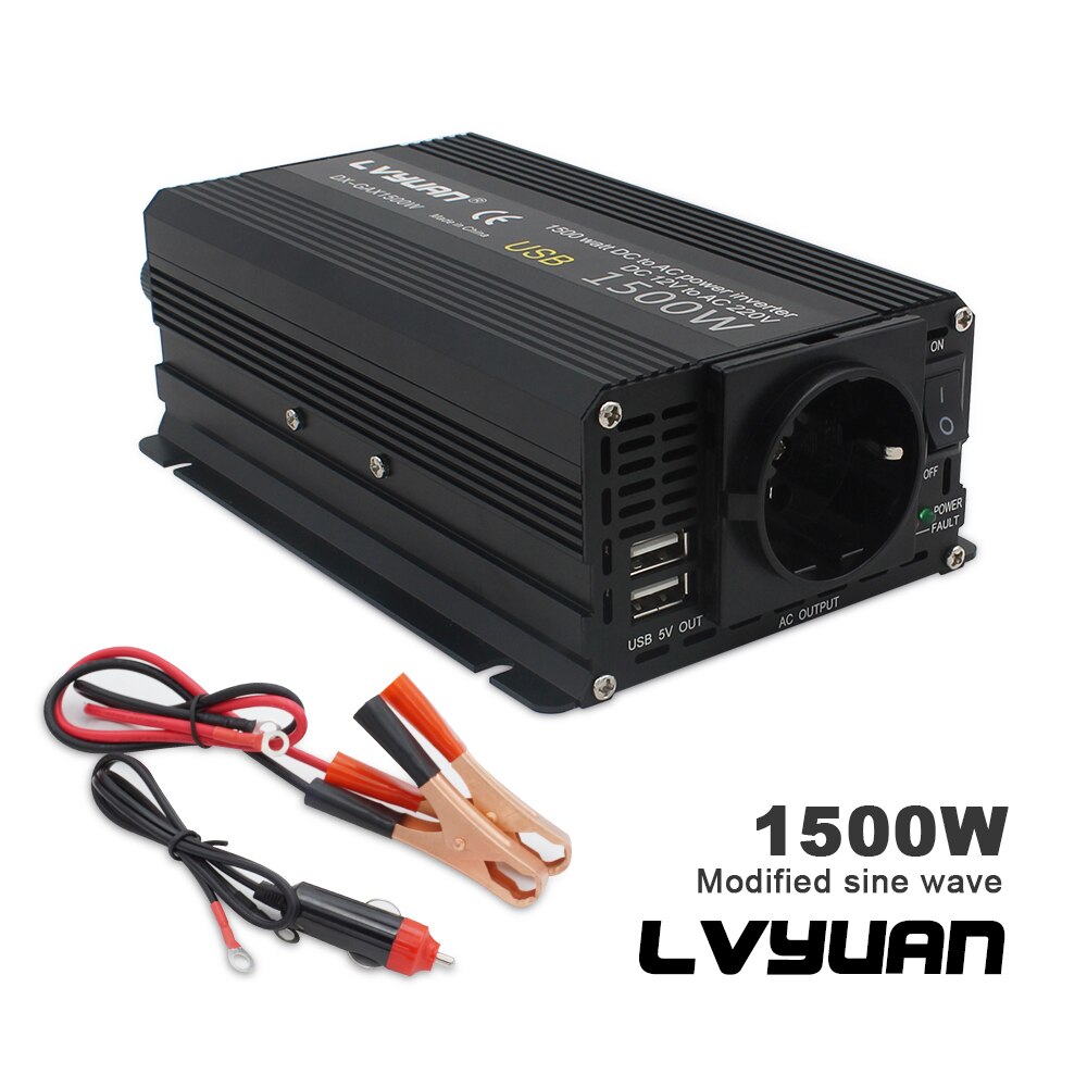 1500W Car Inverter Converter 2 USB EU Large Power Inverter Webasto 12 volts Inversor12v 220 v inversores solar de onda pura
