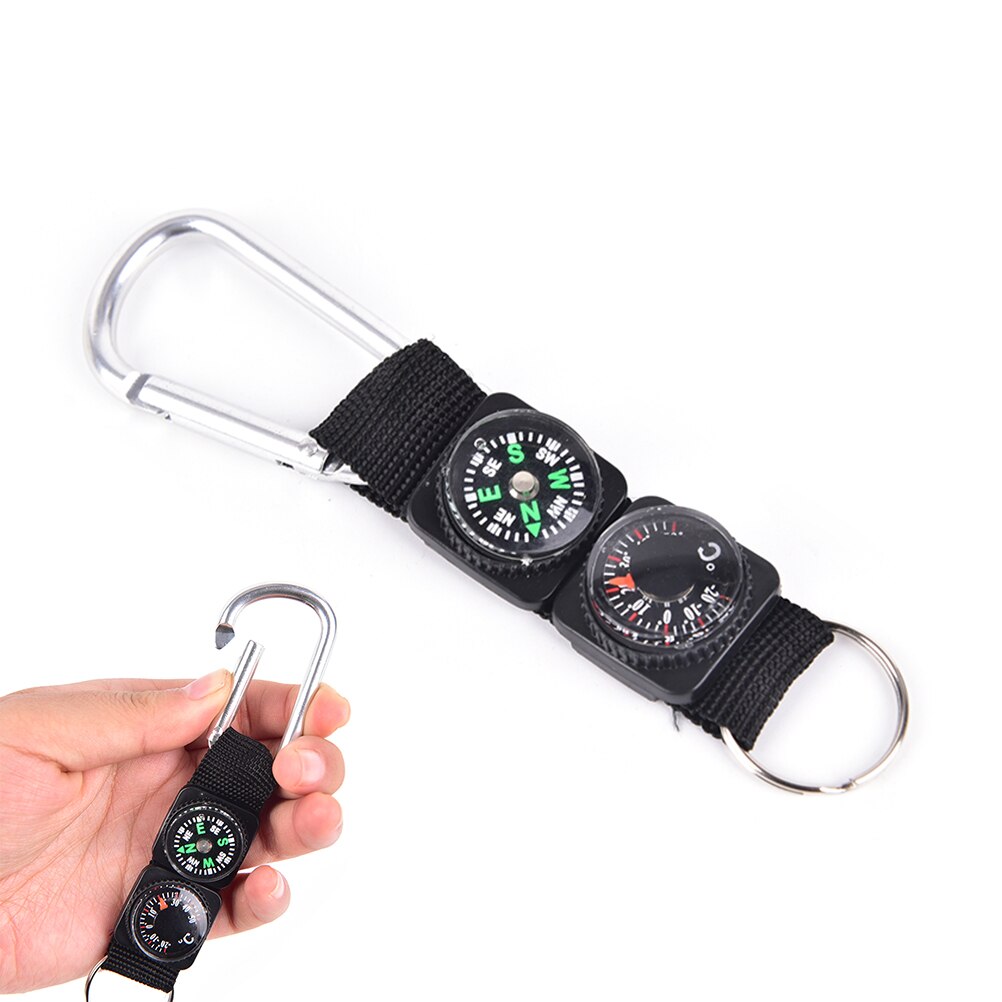 3 in- in-1 multifunctionele kampeer-, klim- en wandelminikarabijnhaak met sleutelhanger, kompas, thermometer, hanger, sleutelhanger, zwart
