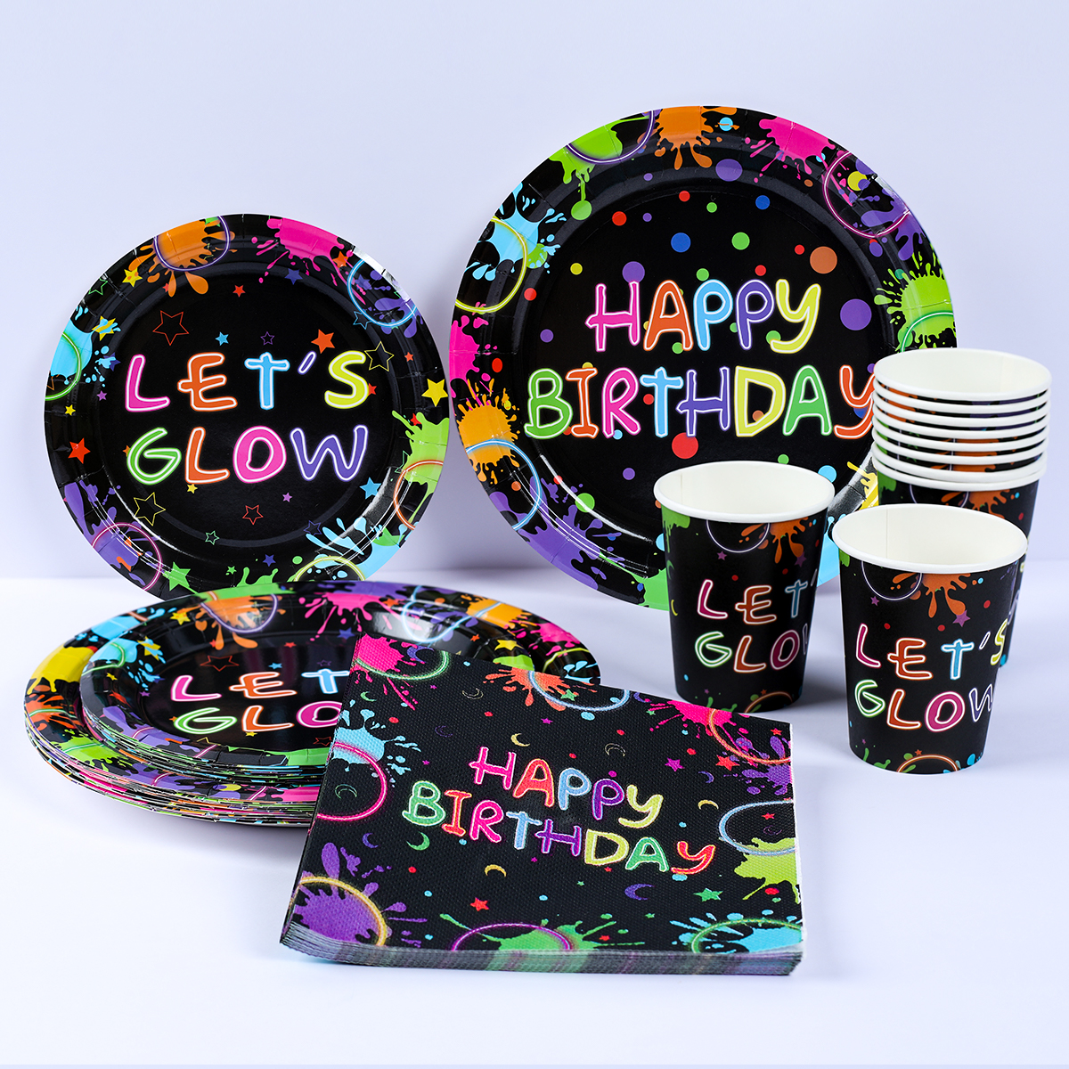 Fluorescent Theme Birthday Disposable Tableware Happy Birthday Party Decoration Paper Plates Napkins Kids Baby Shower Suppies