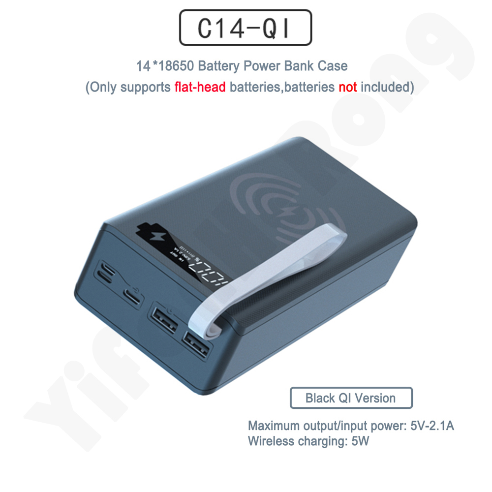C14 18650 Batterij Houder Opladen Doos Pd Snelle Qi Draadloze Oplader Usb Type C Diy Power Bank Case 14*18650 Batterij Opbergdoos: Wireless Black