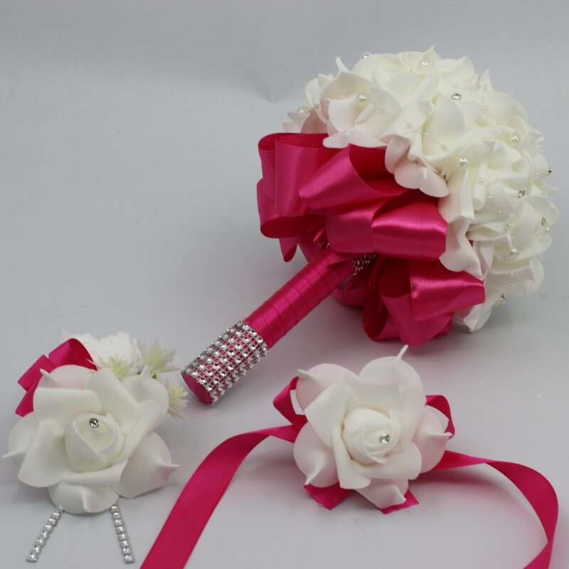 3 stks/set Bridal Bruidsmeisje Kunstbloemen houder Bruidsboeket Boutonniere Pols Corsage Set Thuis Party Bruid Accessoires: Fushia
