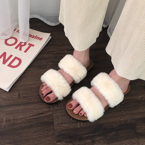 Mazefeng kvinnor hem tofflor fuskpäls dam varma skor kvinna slip on flats kvinnliga tofflor bekväma: Wh1 / 7