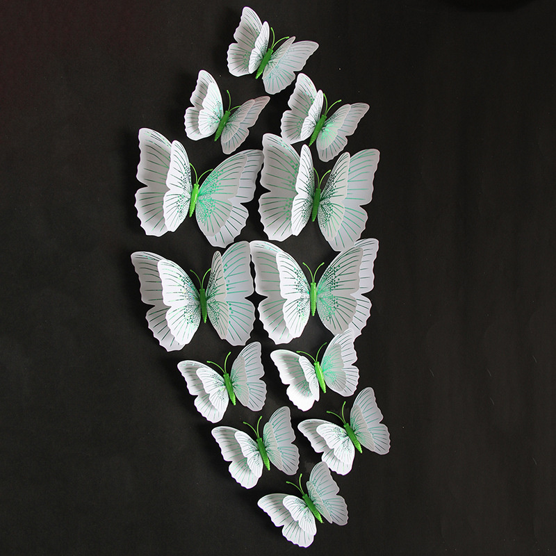 Autocollant mural papillon 3D Double couche, 12 pièces, pour la décoration de la maison, aimant pour réfrigérateur, colle gratuite: Green