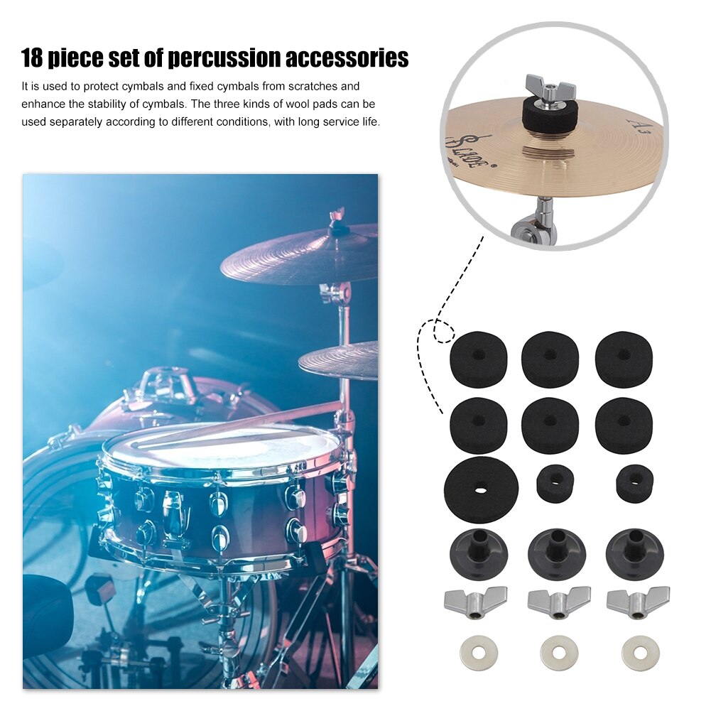 18 stuks drum cimbaal wol pad knop schroef ring mouw muzikale bescherming en vaste cimbalen percussie-instrument accessoires