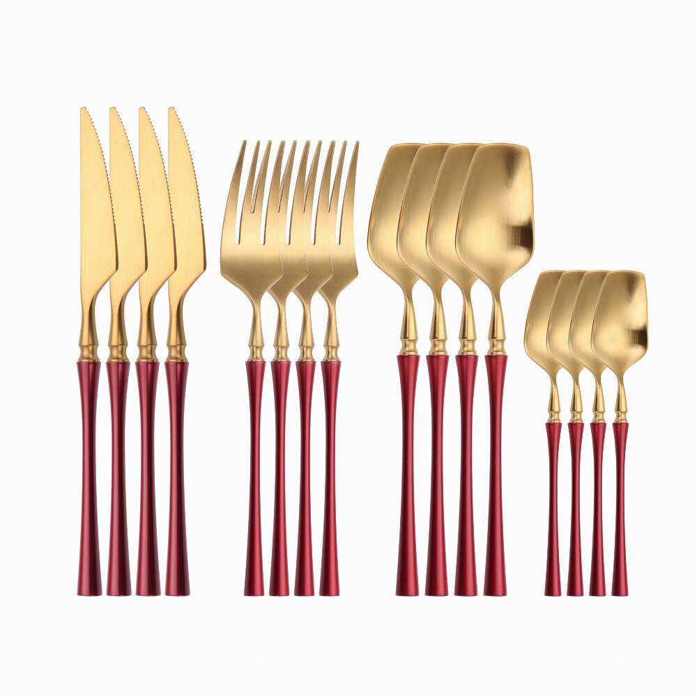 Rose Gold Tableware Forks Spoons Knives Dinnerware Set Stainless Steel Western Cutlery Set Silver Kitchen Utensils Dropshopping: red gold 16pcs