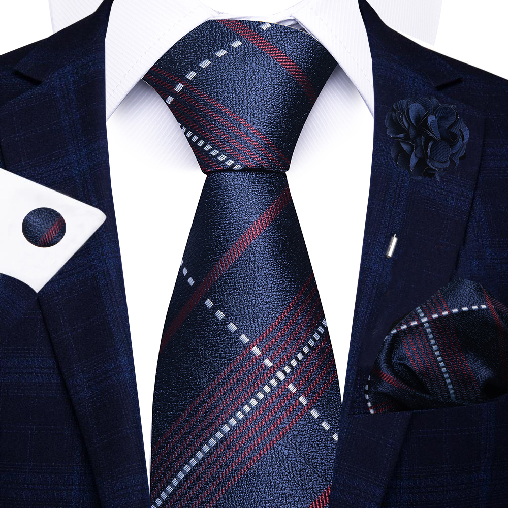 de vacaciones 8 cm corbata pañuelo gemelos Pin Set para hombres corbata raya traje rojo accesorios boda Gravatas