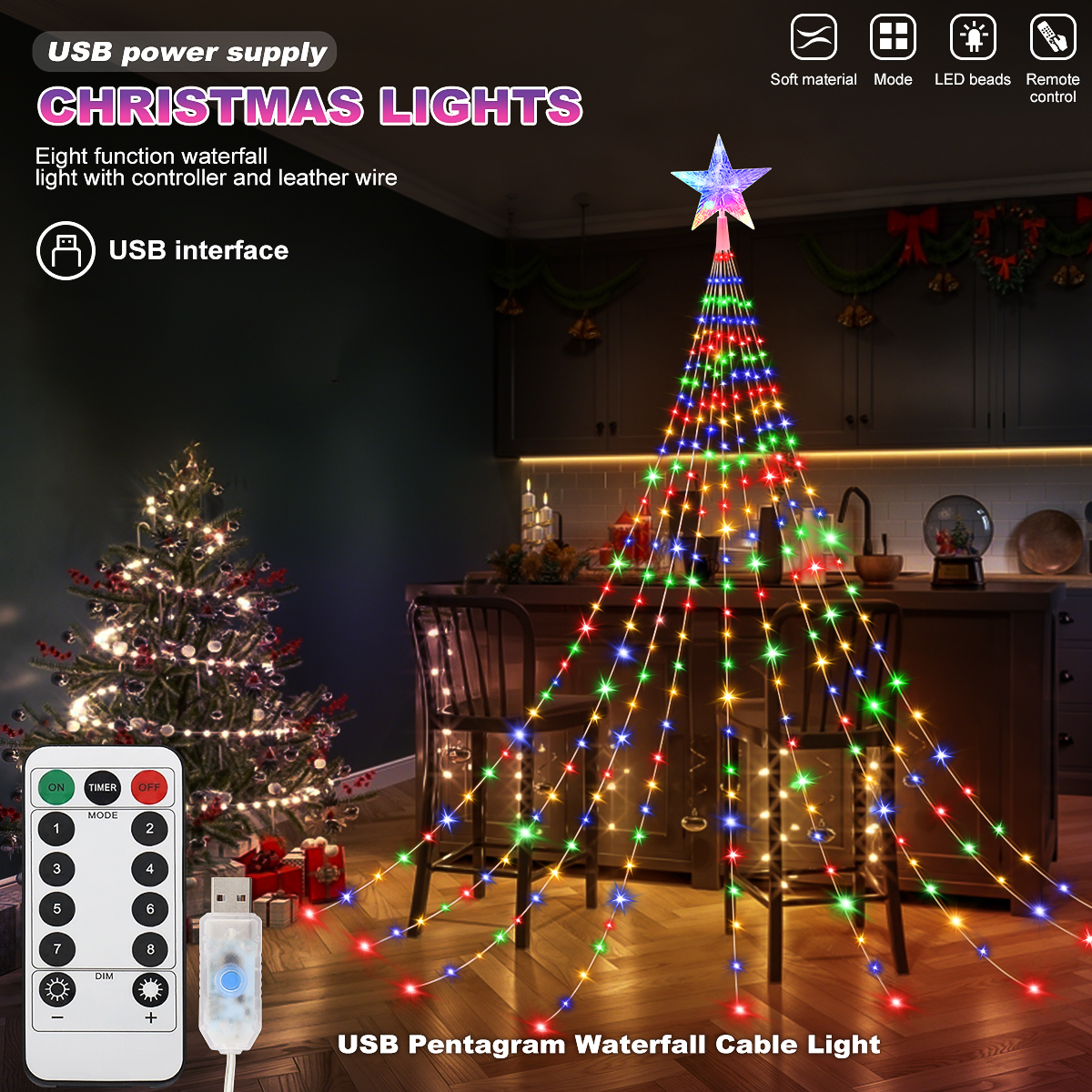 Luces de hadas alimentadas por USB, lámpara de cascada de Navidad impermeable de 280LED, 8 modos de iluminación para decoraciones de árboles de boda de dormitorio interior