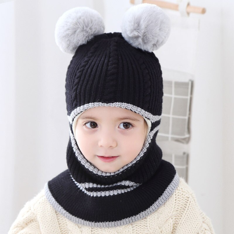 Bébé hiver chapeau pompon enfants tricoté chapeaux bébé filles garçons chapeau avec doublure en polaire chaude chapeaux pour enfants filles chapeaux d'hiver: style A-black