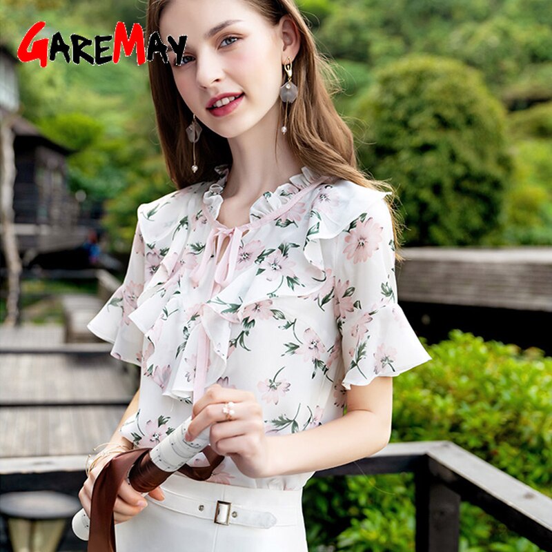 Garemay blommig blus med blommor tryck koreansk flare ärm chiffong volang vit kvinnor sommar toppar och blus chemisier femme