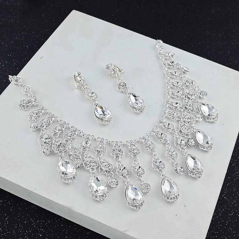 Super Flashing Crystal Jewelry Set White Plating Rhinestone Sparkly Necklace Earring Crown Wedding Dresses Decorations SJT00188