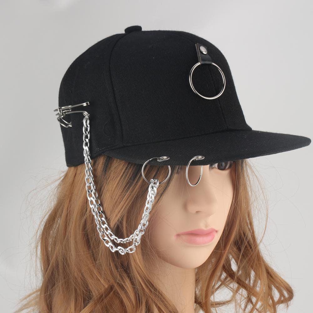 Casquette de Baseball Hip Hop | Noire, écharpe latérale, chaîne Punk Rock Style Piercing, anneau de Sport, respirant os Masculino crâne Jazz papa
