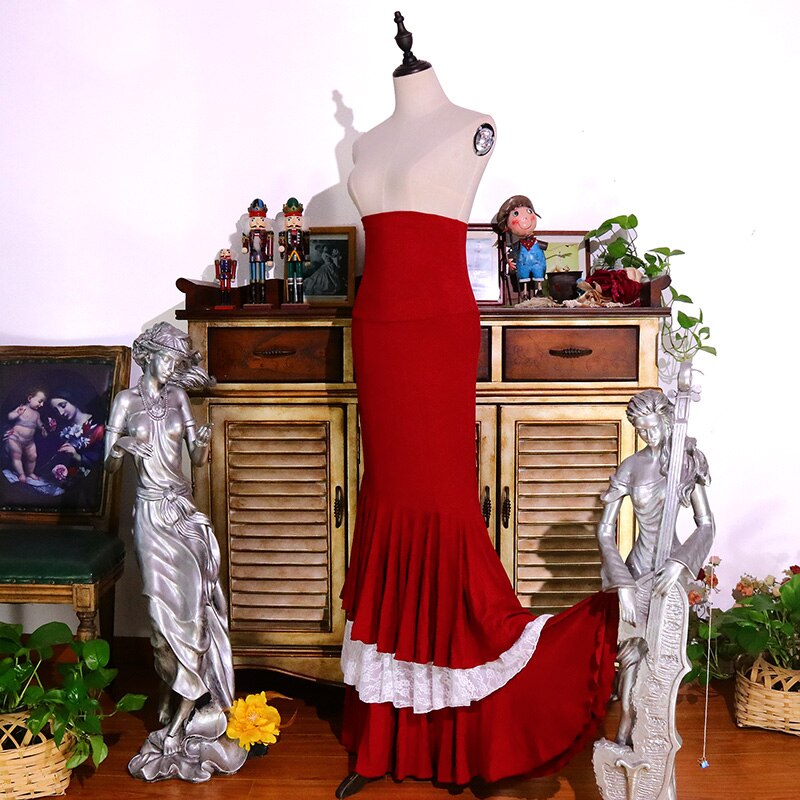 Flamenco Belly Dance Wine Red Cotton Multi-Layered Fishtail Wrap Hip Skirt EKK13