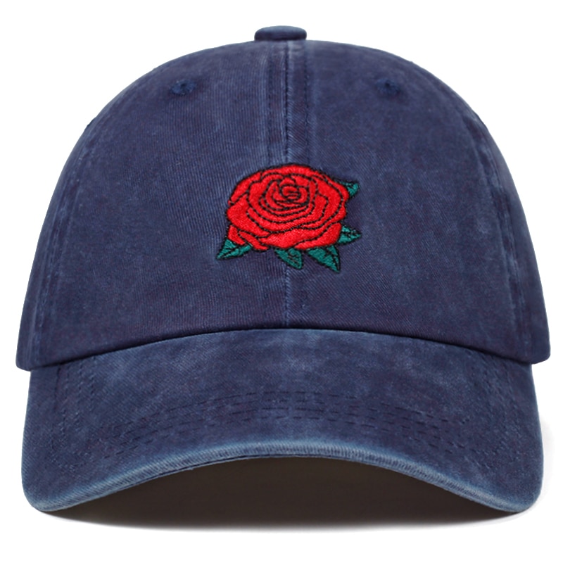 Vasket rose broderet baseballkasket 100%  bomulds hip hop hat mænds og kvinders far hatte justerbare udendørs kasketter: Marine blå
