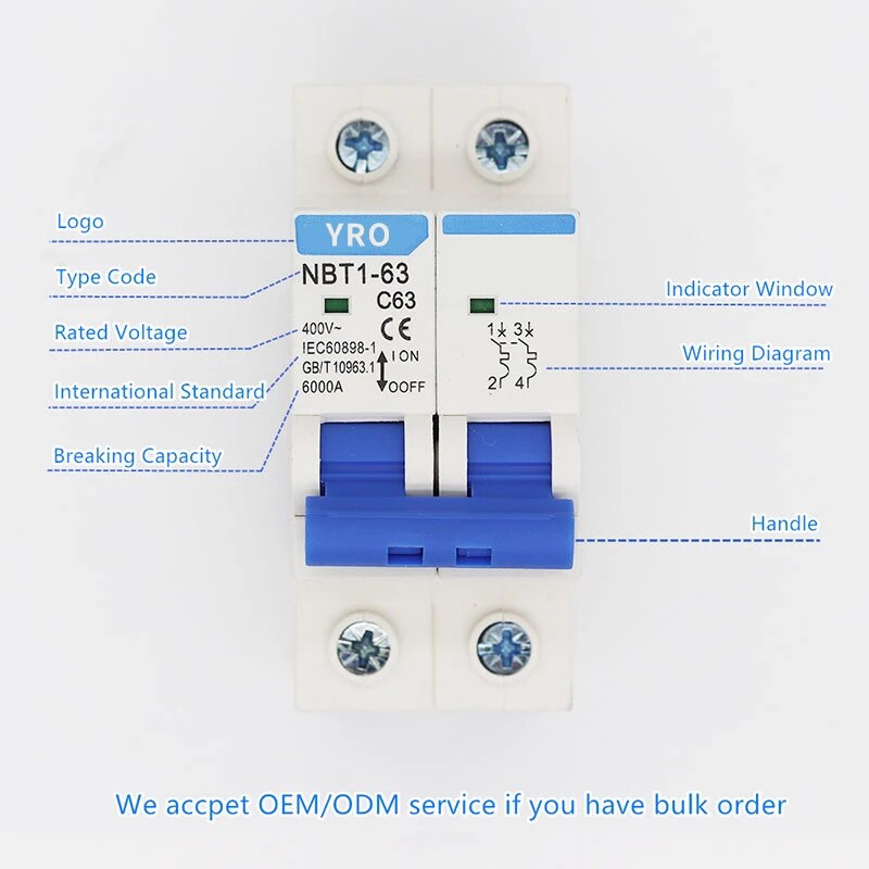2P Ac 400V Mini Circuit Breaker Mcb 6A 10A 16A 20A 25A 32A 40A 50A 63A Circuit Protector YRCB-63