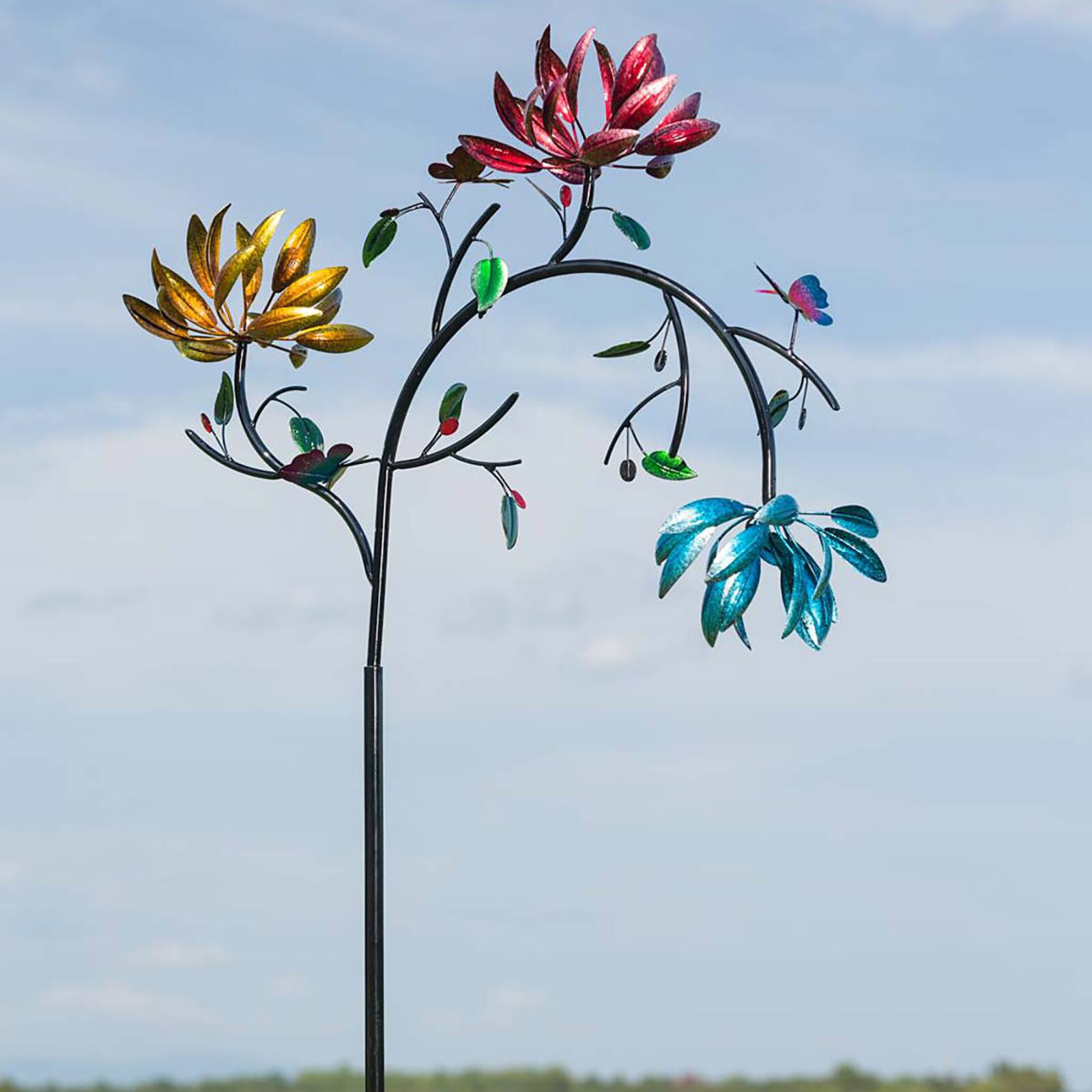 Large Metal Wind Spinner With Three Spin Flowers And Butterflies Windmill Rotating Garden Lawn Party Decor Toy Funny