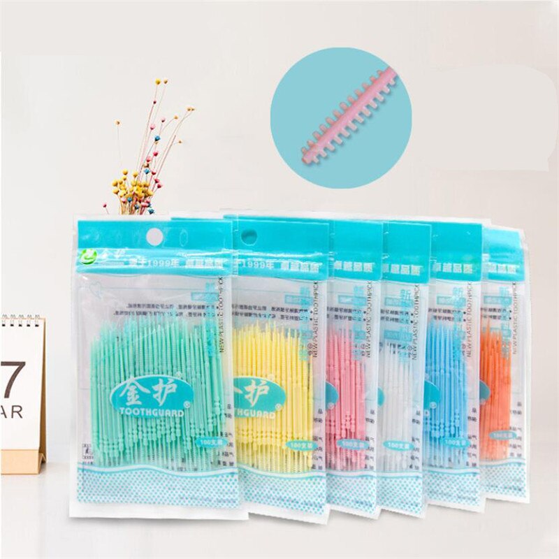 100pcs Double-headed Dental Brush Teeth Sticks Floss Pick Toothpick Tooth Clean Oral Care Interdental brush Food grade PP 6.3cm