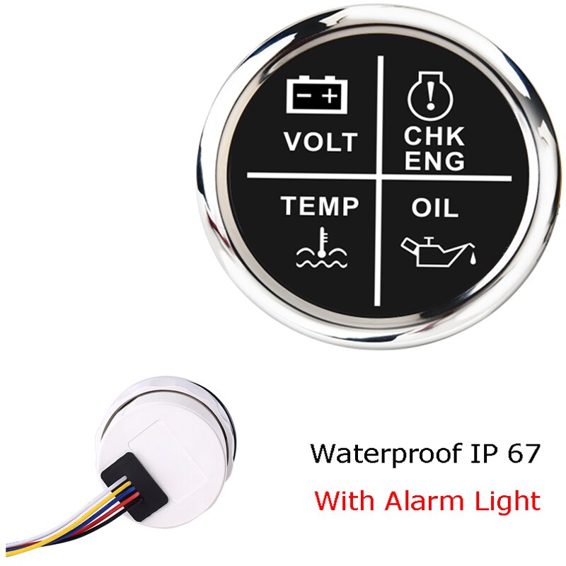 52 mm Waterproof Alarm Gauge Volt/Oil Pressure/Water Temp/Check Engine 4 LED Alarm Indicator Gauge fit Marine Boat Car 12~24 V