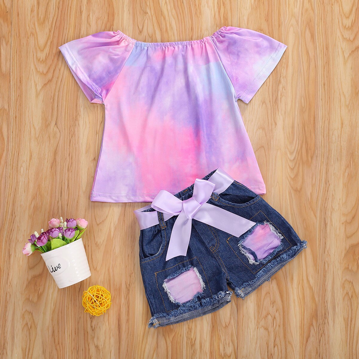 bébé été vêtements infantile enfants bébé fille cravate teinture léopard vêtements ensemble coloré chemise hauts déchiré trou Denim bas