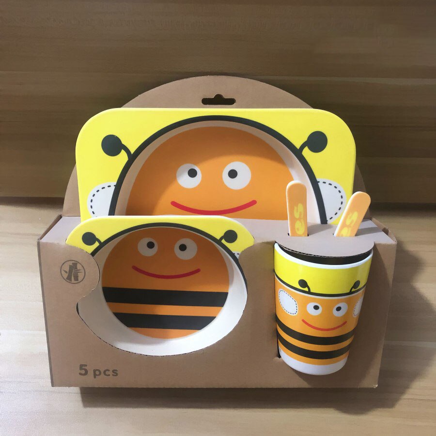 5pcs/set Baby Dish Tableware Children Cartoon Feeding Dishes Kids Natural Bamboo Fiber Dinnerware With Bowl Fork Cup Spoon Plate