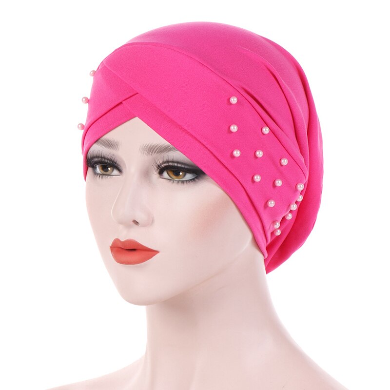 cotton solid folds pearl muslim turban scarf women islamic inner caps Arab wrap head femme musulman turbante mujer: Rose Red