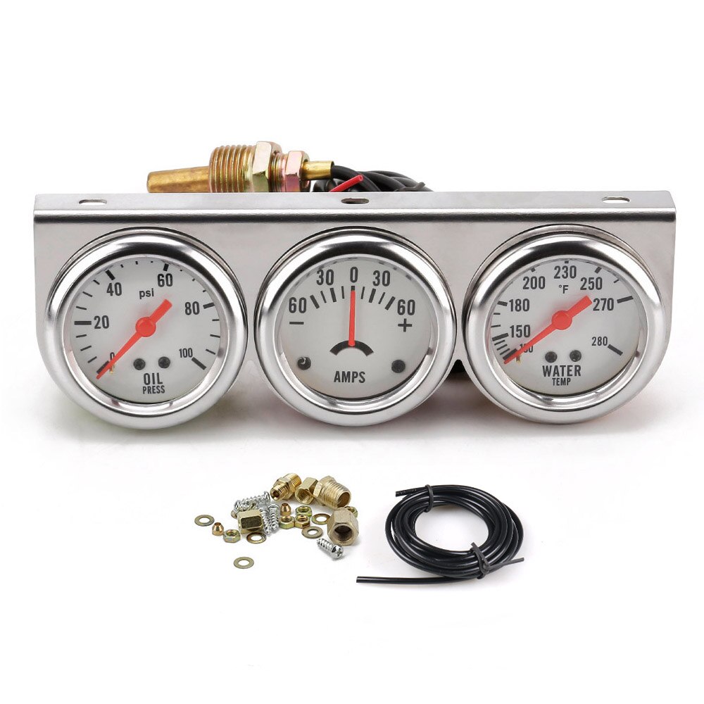 2 inch Chrome Panel Oil Pressure gauge Water Temp gauge Amp Meter Triple Gauge kit Set White Face Car meter