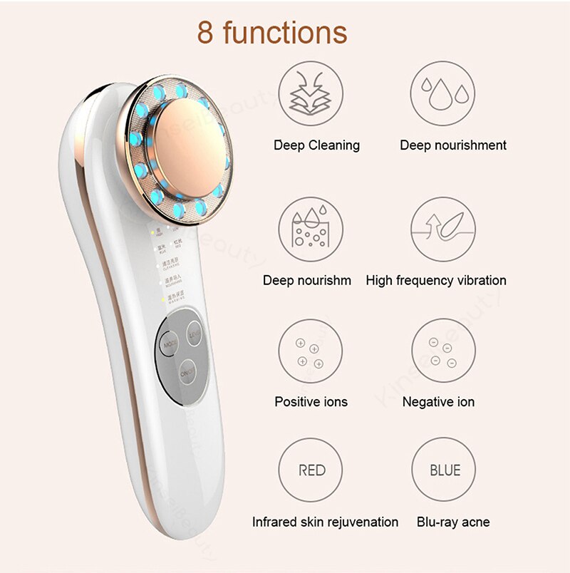8 In 1 Rf Radio Frequentie Elektrische Led Photon Lichttherapie Rf Ems Huidverjonging Gezicht Lifting Draai Massage Schoonheid machine