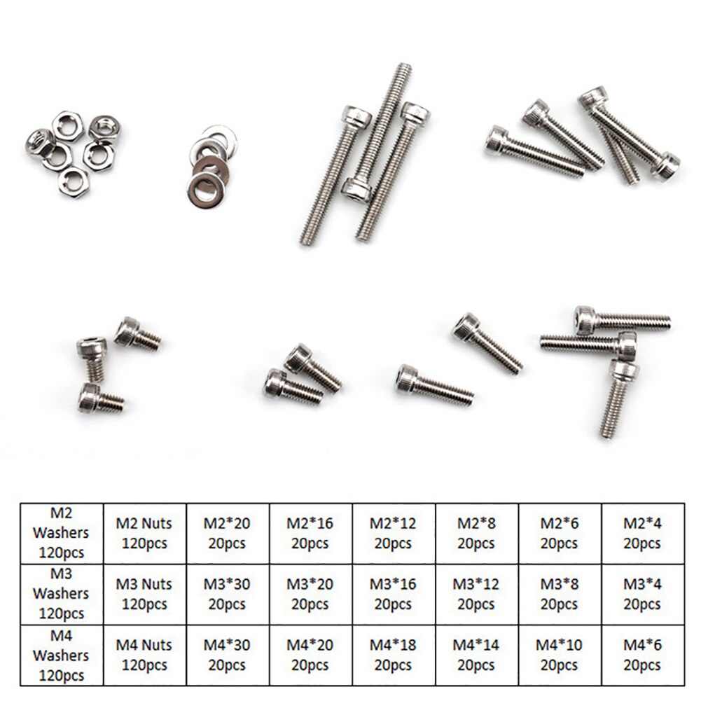 1080pcs M2 M3 M4 Hex Socket Head Cap Screw Nuts and Bolts Assortment Kit Set 304 Stainless Steel with Storage Box