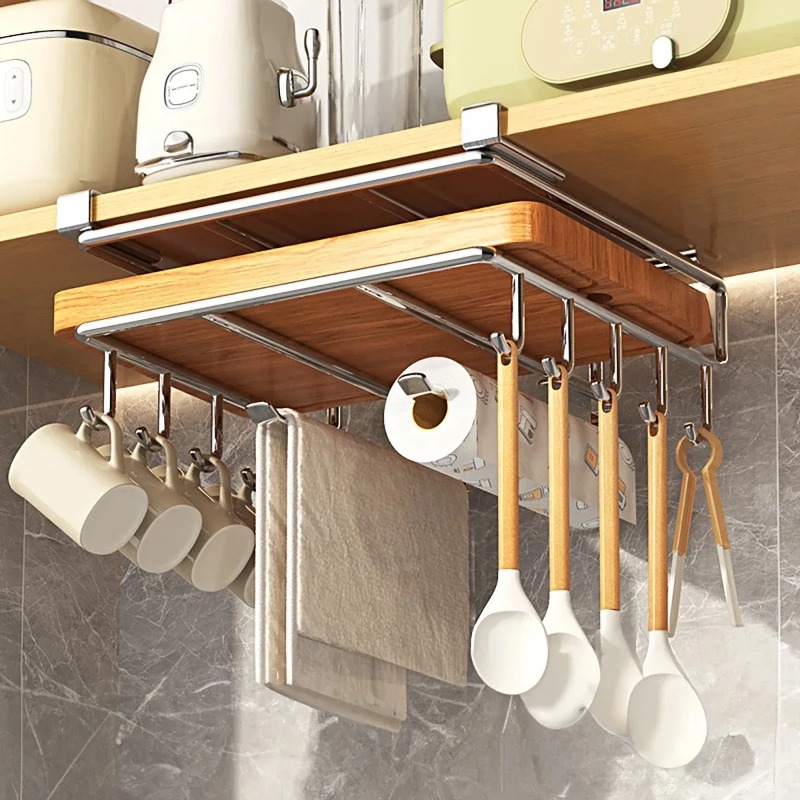 Kitchen Hanging Organizer Rack with Hooks Under Cupboard Paper Towel Rags Hanger Cutting Board Pot Cover Holder Storage Shelf