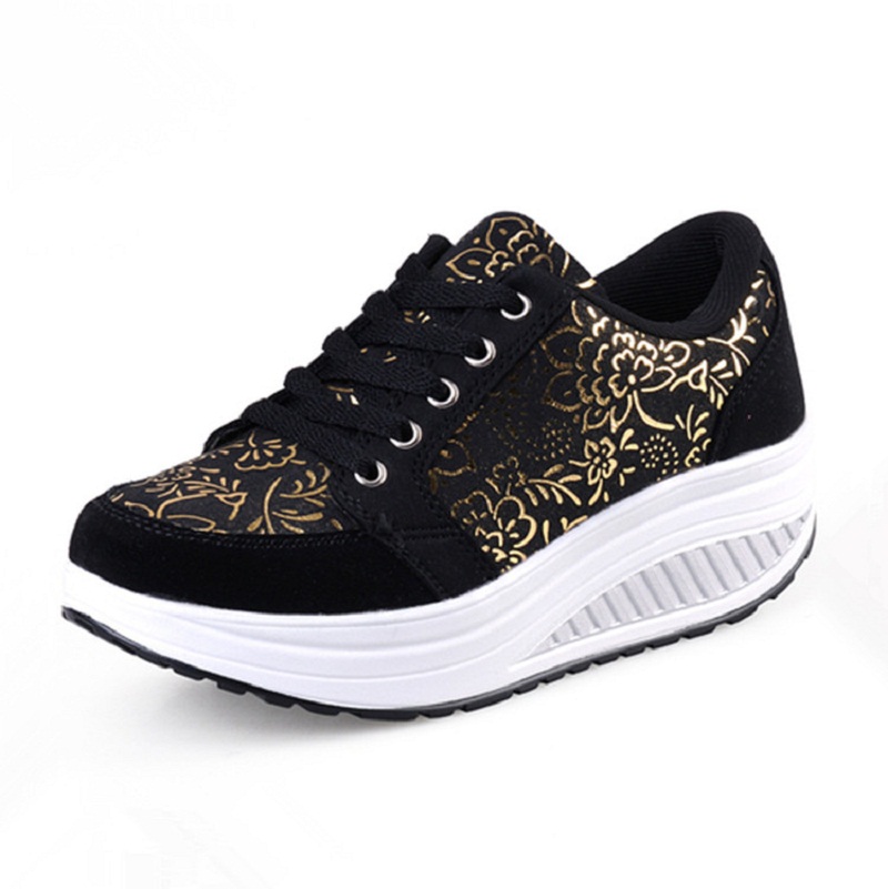 Women Swing Toning Shoes Height Increasing Fitness Shoes Ladies Lace Up Breathable Slimming Shoes Sports Sneakers #B2482: Black / 6