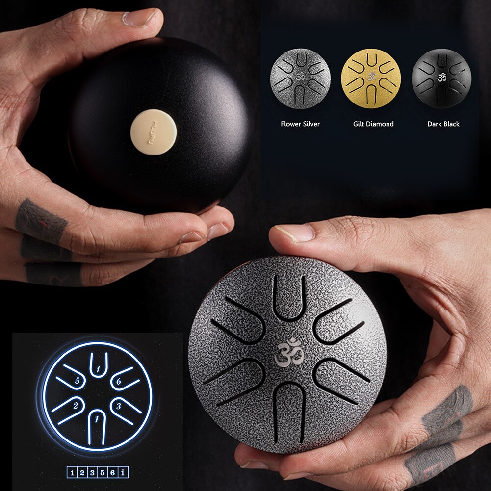 Pocket Ethereal Drum 3 inch 6 Tone Steel Tongue Drum Mini Hand Pan Drum with Drumsticks Portable Percussion Music Instrument