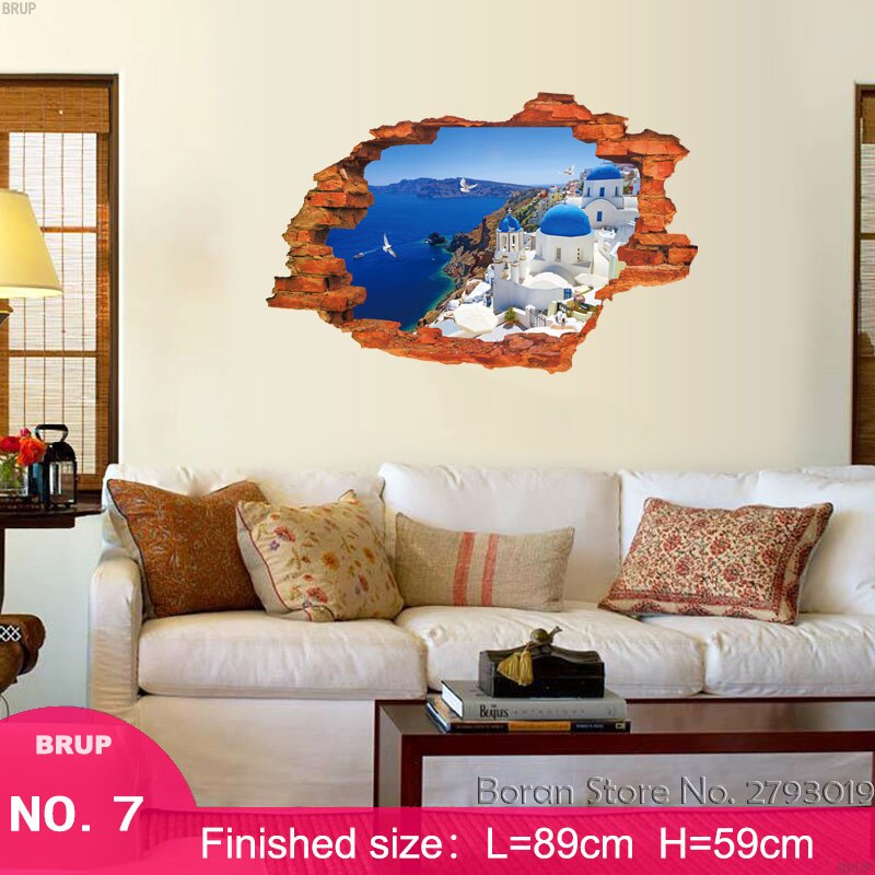 7 Kinds 89*59cm Nature landscape 3D Wall Stickers Hole View Art Landscape Wallpapers Beach Castle Tree Vinyl Mural Home Decor: 07