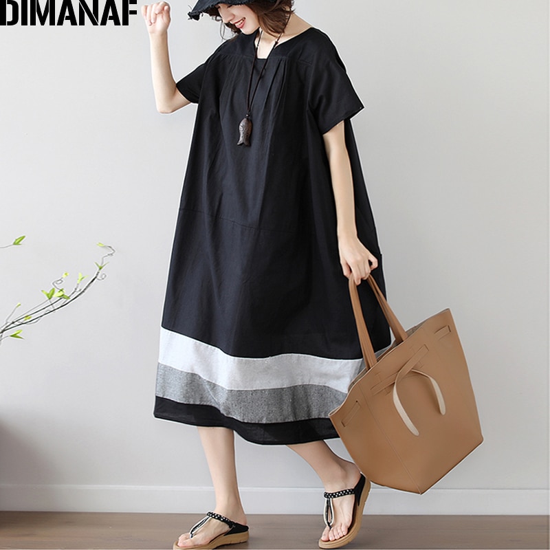 Dimanaf vestido plus size roupas femininas verão vestido de verão do vintage elegante feminino vestidos elegante senhora vestido solto linho preto