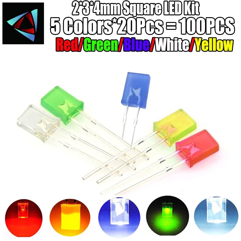 100 Stks/partij 2*3*4Mm Vierkante Led Kit Light-Emitting Diode Kit 2X3X4 Led Diode Rood geel Groen Blauw Wit 5 Kleuren