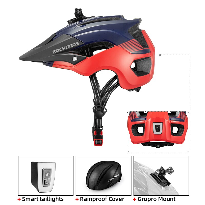 ROCKBROS-casco con luz LED integrada para ciclismo, casco con iluminación trasera, alerta reflectante EPS + PC, para bicicleta de montaña y carretera