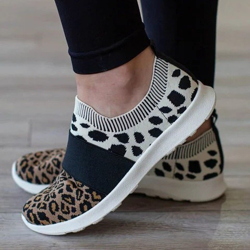 Vulkaniserede sko kvinder flade sko slip on loafers åndbar kvinde leopard mix farvet efterår kvindelige fritidssko plus str.