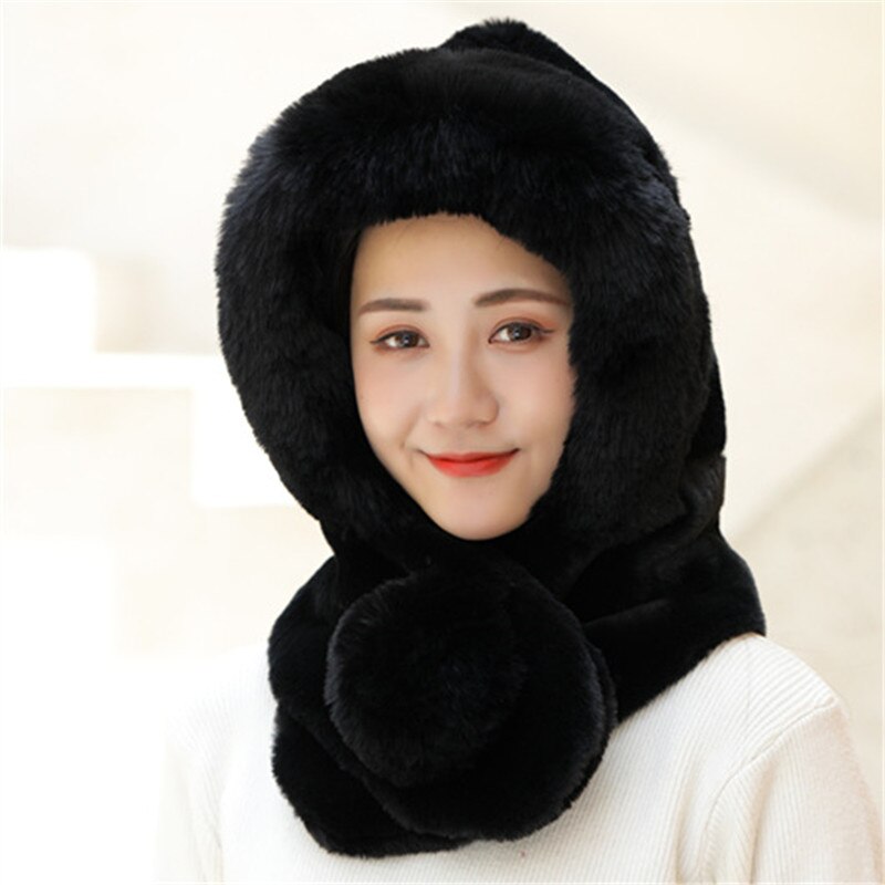 Female Winter Knitted Hats Add Fur Lined Warm Winter Hats For Women Keep Neck Ear Warmer Balaclava Pompoms Cap: Black