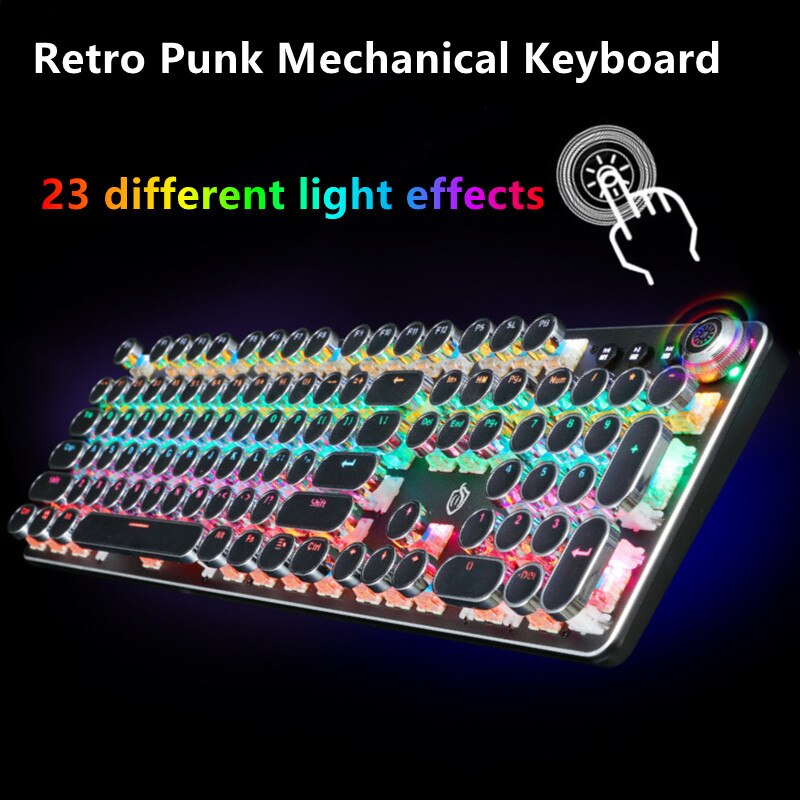 Electroplating Gaming Mechanical Keyboard Retro Punk Knob Plug-in Blue Axis Round Keycaps Backlit Keyboard For Computer Gamer