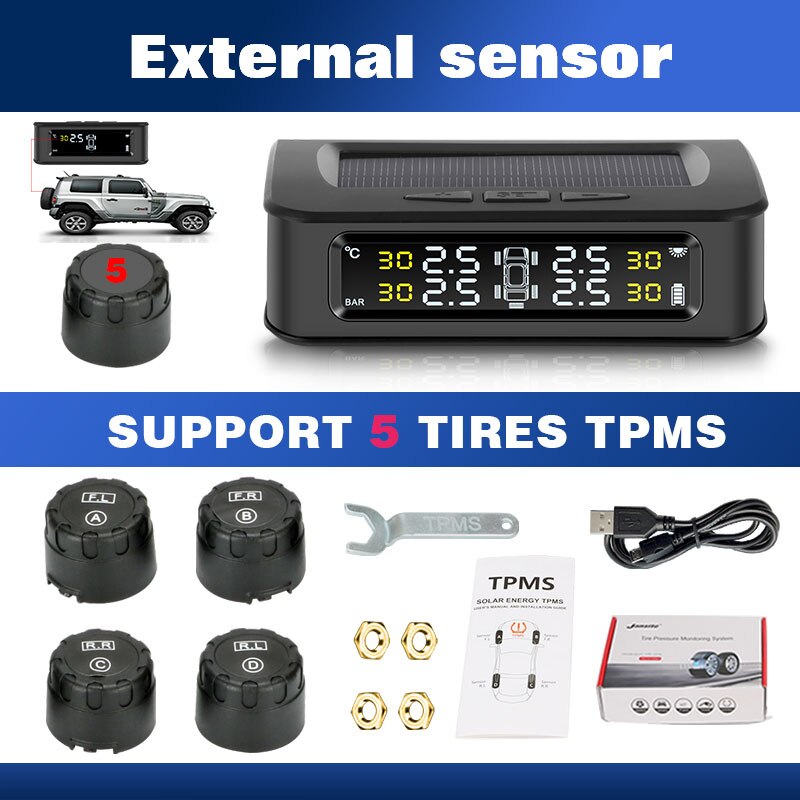 Tpms 5 däck bilsensor trycklarmövervakningssystem visar soltryckskontrollvarning via extern sensor 6 bar usb: 5 externa sensorer