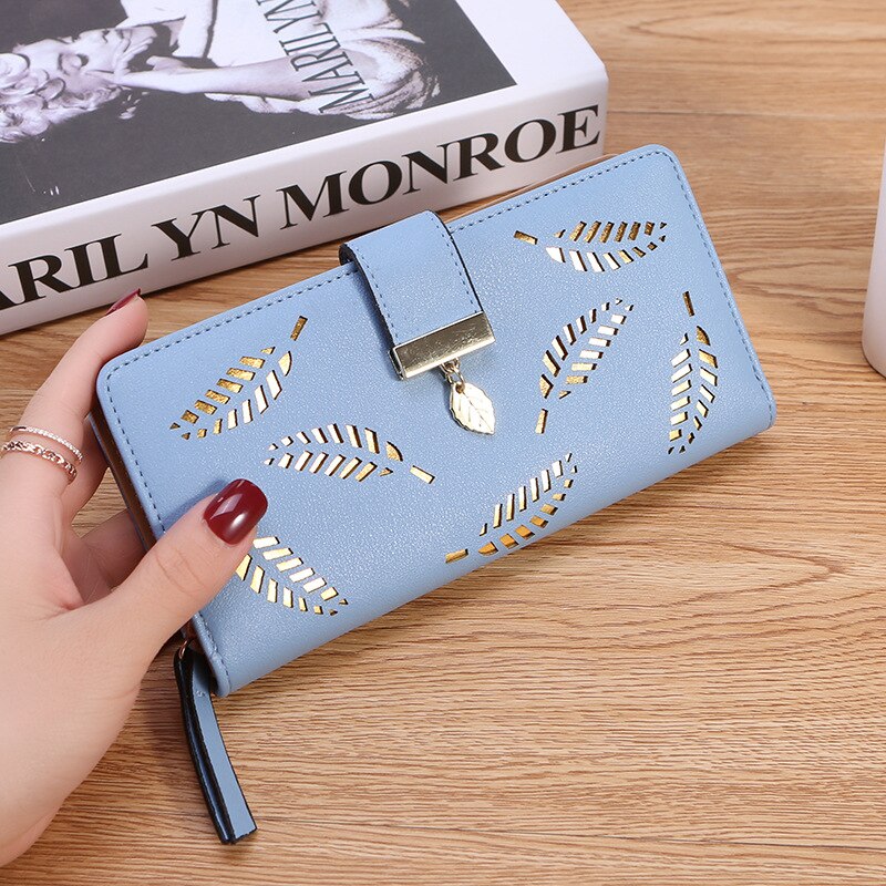 Women Wallet Leather Purse Female Long Wallet Hollow Leaves Pouch Handbag For Ladies Coin Purse Card Holders Clutch: Sky blue