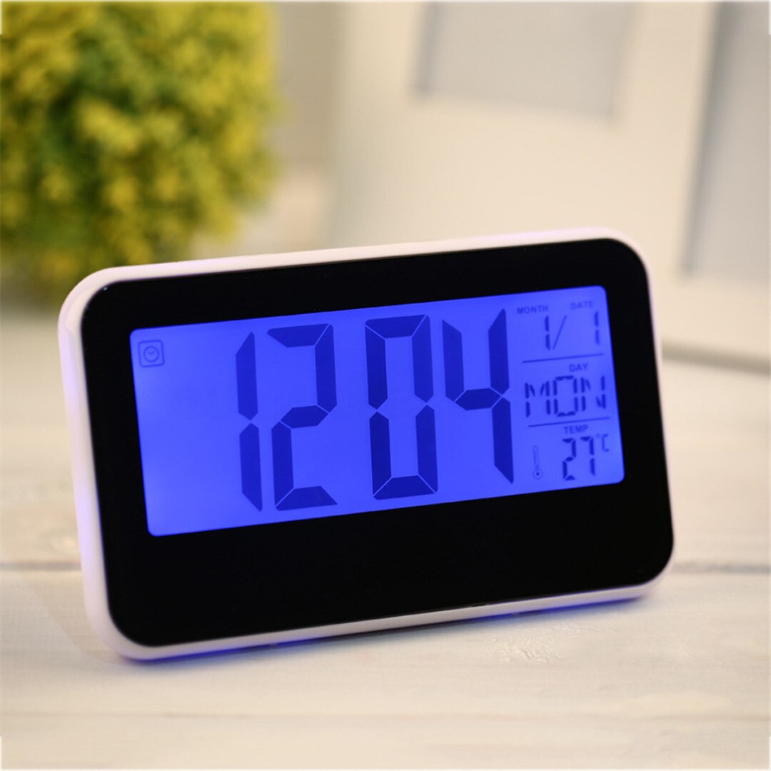 LCD Display Digital Backlight Alarm Clock Thermometer Sound Controlled Home Calendar Date Display Snooze Function: Black