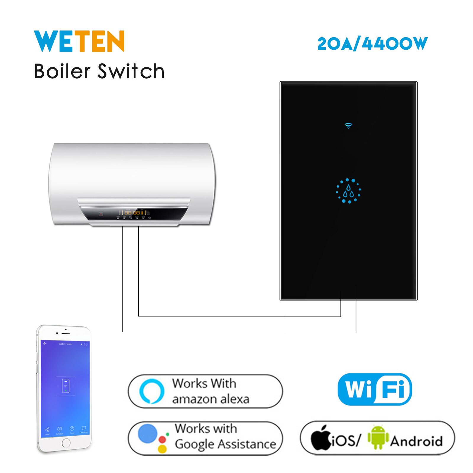 Smart Wifi Boiler Schakelaar Ewelink APP Voice Control met Alexa Google Thuis ONS 20A Zwart Glas Touch Boiler Schakelaar