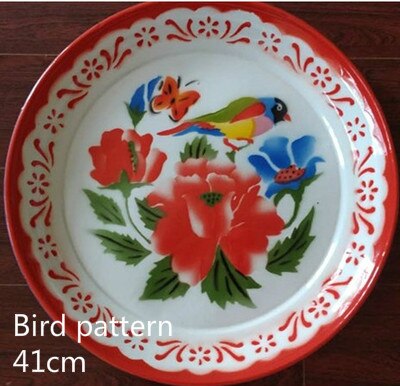 Gammeldags nostalgisk emaljeskive, emaljeret te plade, emalje frugtplade, kinesisk stil.: Fuglemønster  - 41cm