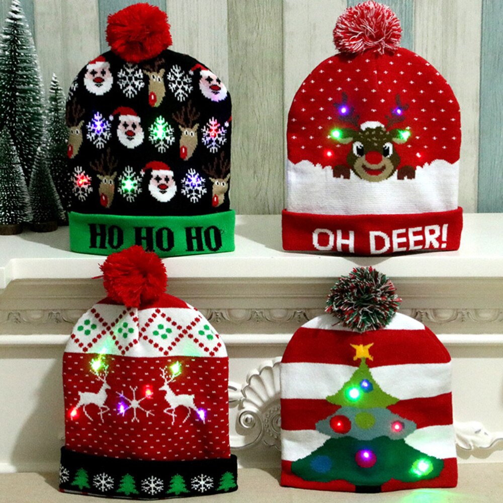 4PCS Light Up Knitted Beanie Hat - Glowing Santa Hat - Christmas Party Decor for Adults & Kids