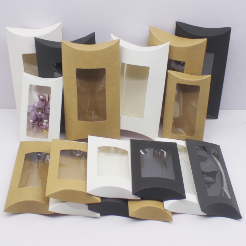 Diy Blanco Papieren Geschenkdoos. Mutli Size Kussen Geschenkdoos Met Doorzichtig Pvc Venster, Kraft/Wit/Zwart Papier Venster Doos Voor Cadeau 10 Stuks