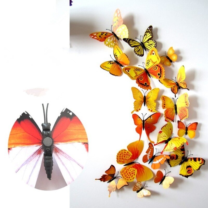 12 Stks/set Kleurrijke 3D Vlinders Muursticker Mooie Vlinder Sticker Met Magneet Voor Kid Kamer Muurstickers Home Decoratie: 02-Yellow