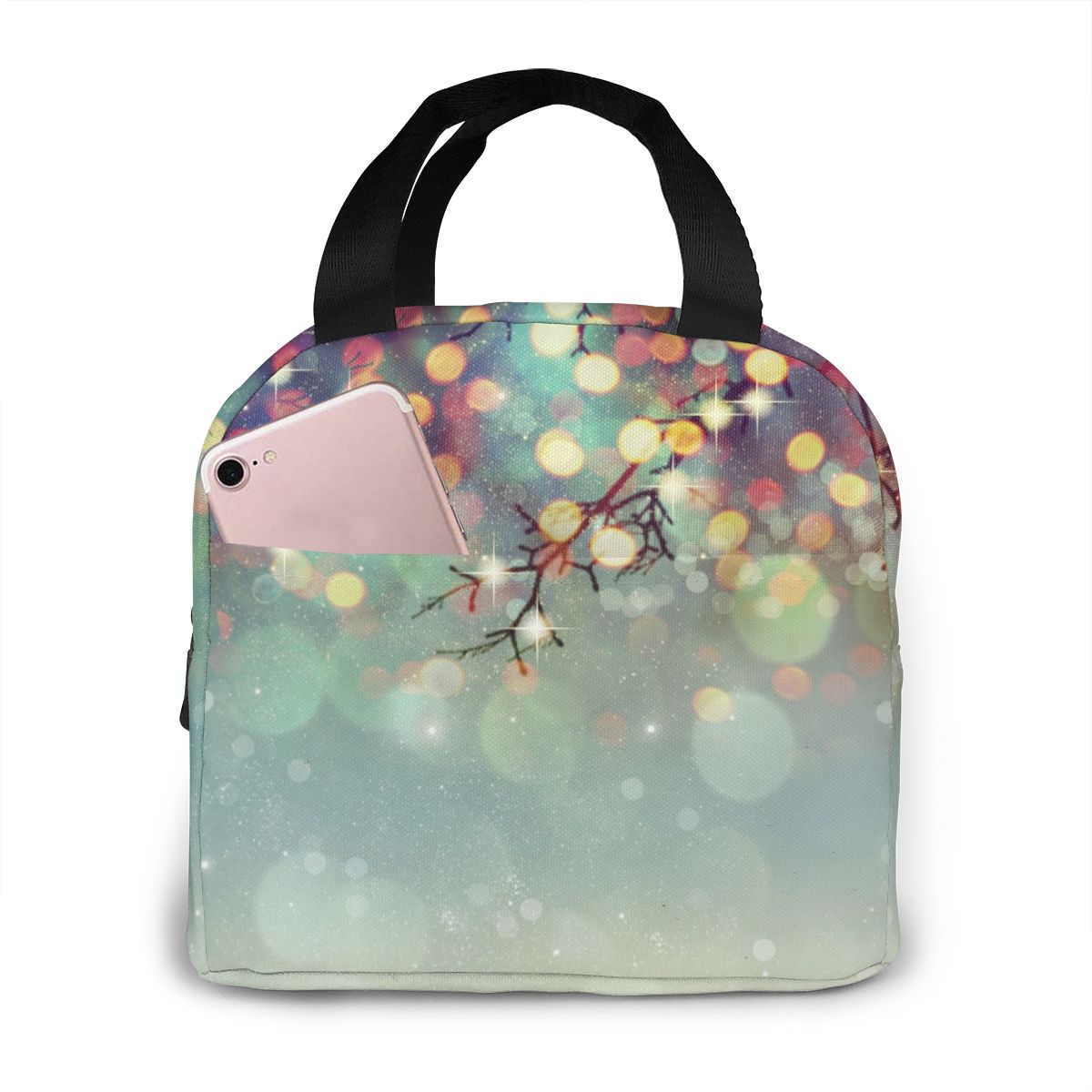 Abstracte kerstverlichting lunchbox tas geïsoleerde thermische lunch picknick lunchtas voor vrouwen kinderen mannen koeltas: Zwart 1